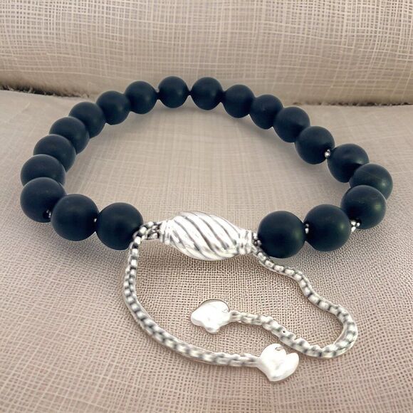 David Yurman Estate Matte Onyx Beads Bracelet 6.6 - 8.5" Silver 8 mm DY546 - Picture 3 of 11